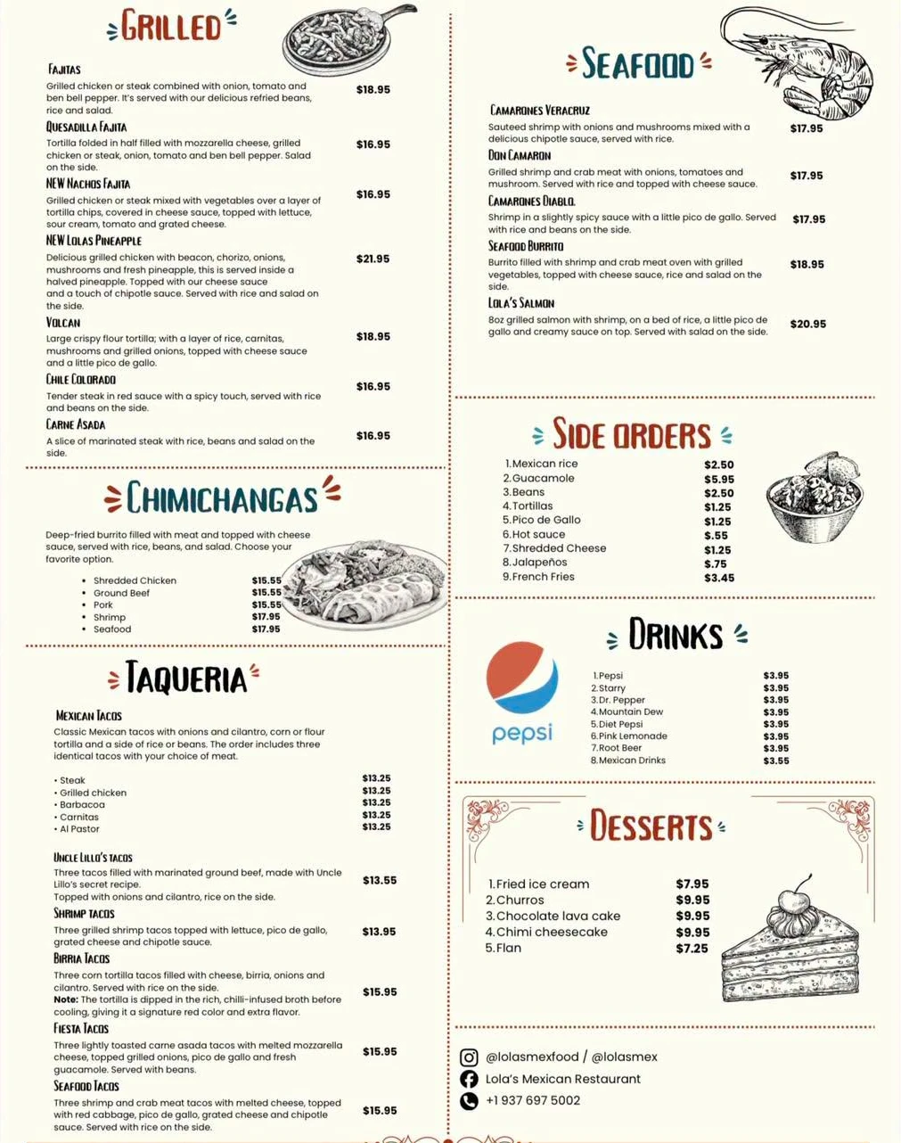 Lola's menu, page 2: Grilled, Chimichangas, Taqueria, Seafood, Side orders, Drinks and Desserts, with prices